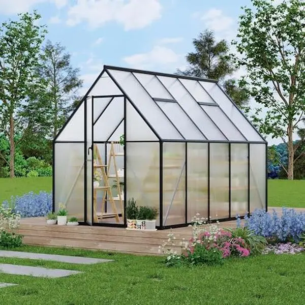 6X9 ft Rectangular Ventilated Polycarbonate Greenhouse - Aluminum Frame, Large Size Single Unit Walk-in Outdoor Greenhouse Furniture