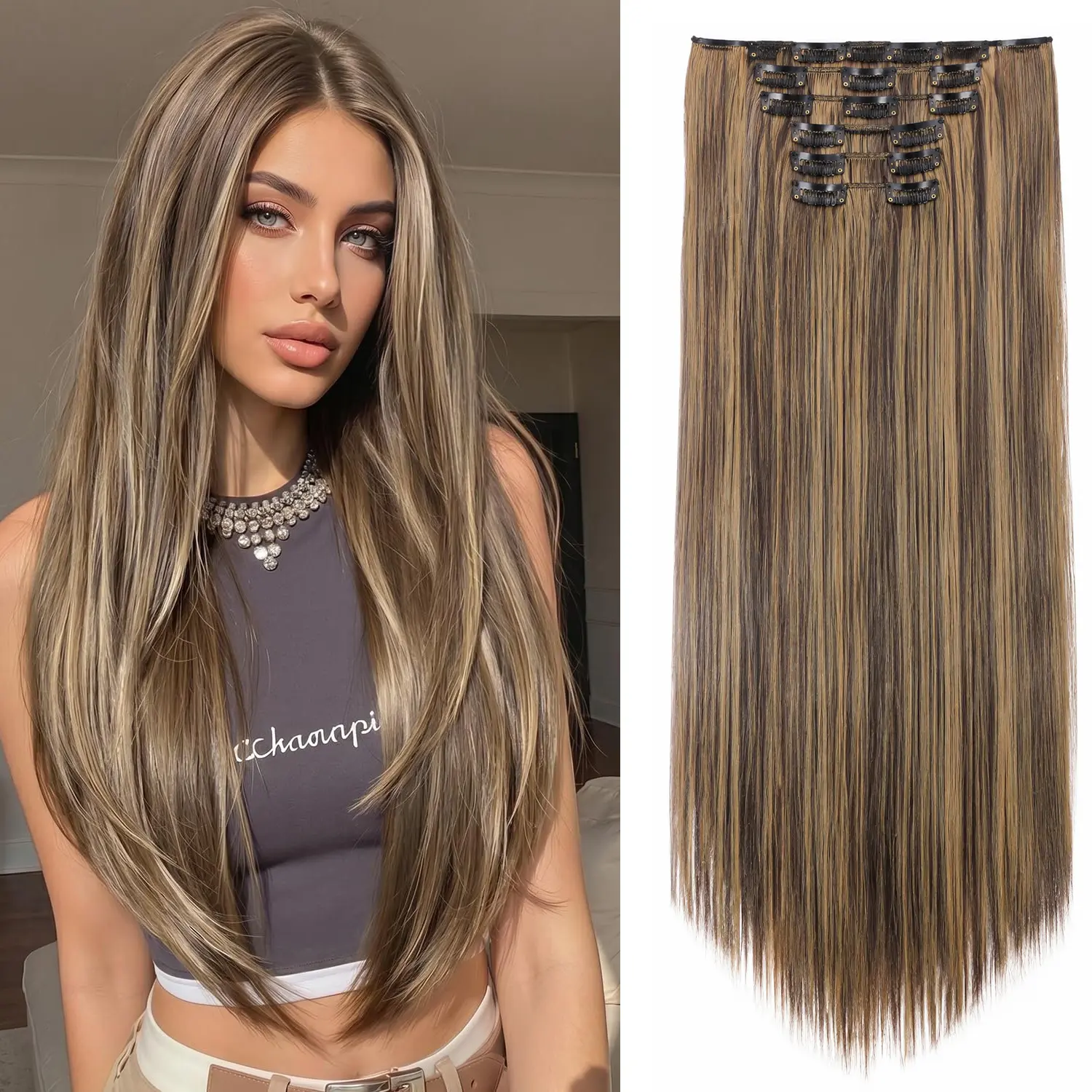 Straight Hair Extension Clips 24 Inch Long Invisible Thick Synthetic Clip in Extensions 6PCS Soft and Easy Installation Hairpieces for Women Girls Weddings Party Daily Use, Clip In Volume, Synthetic Fiber Hairpieces