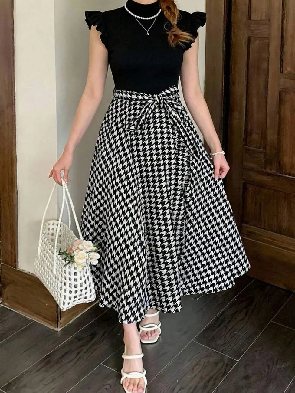 Teen Girl Elegant Houndstooth Midi Dress, Flutter Sleeve Ribbed Patchwork Dress for Formal Office and Summer Sundress