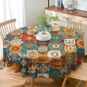 Bohemian Mandala Pattern Round Tablecloth, 1 Count Colorful Geometric Pattern Decorative Floral Tablecloth, Decorative Tablecloth for Home Kitchen Dining Room, Indoor Outdoor Patio, Picnic Dining Table, Garden Dining Table, Picnic Table Cover