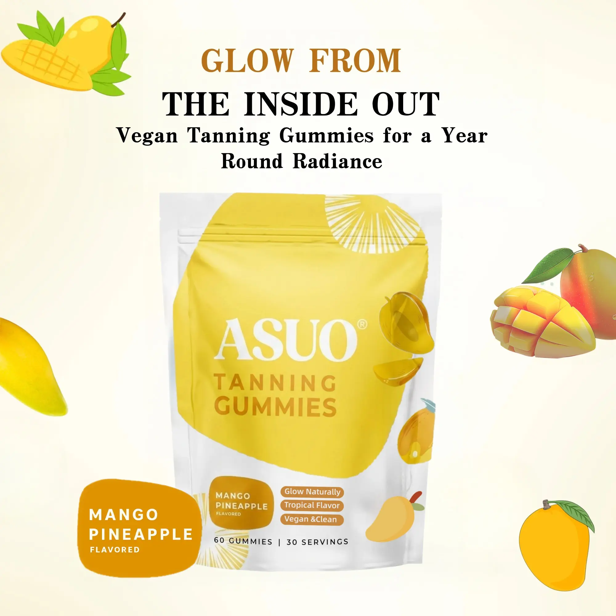 ASUO Natural Vegan Chewable Tanning Gummies for Women & Men - Oral Sunless Self-Tan Supplement Alternative to Tanning Pills, Fast-Acting Melanin Boost with Beta Carotene, Astaxanthin, Lycopene, Niacinamide, Antioxidant Hair & Nail Care Edible