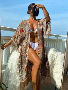 Summer Beach Fringe Kimono - Batwing Sleeve Mandala Cover-Up