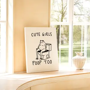 Humorous Wall Art, Frog On Toilet Funny Quote Poster, Minimalist Line Art Printing, Black White Canvas Decoration, Bathroom & Powder Room Aesthetic, Perfect Housewarming Gift, Framed.