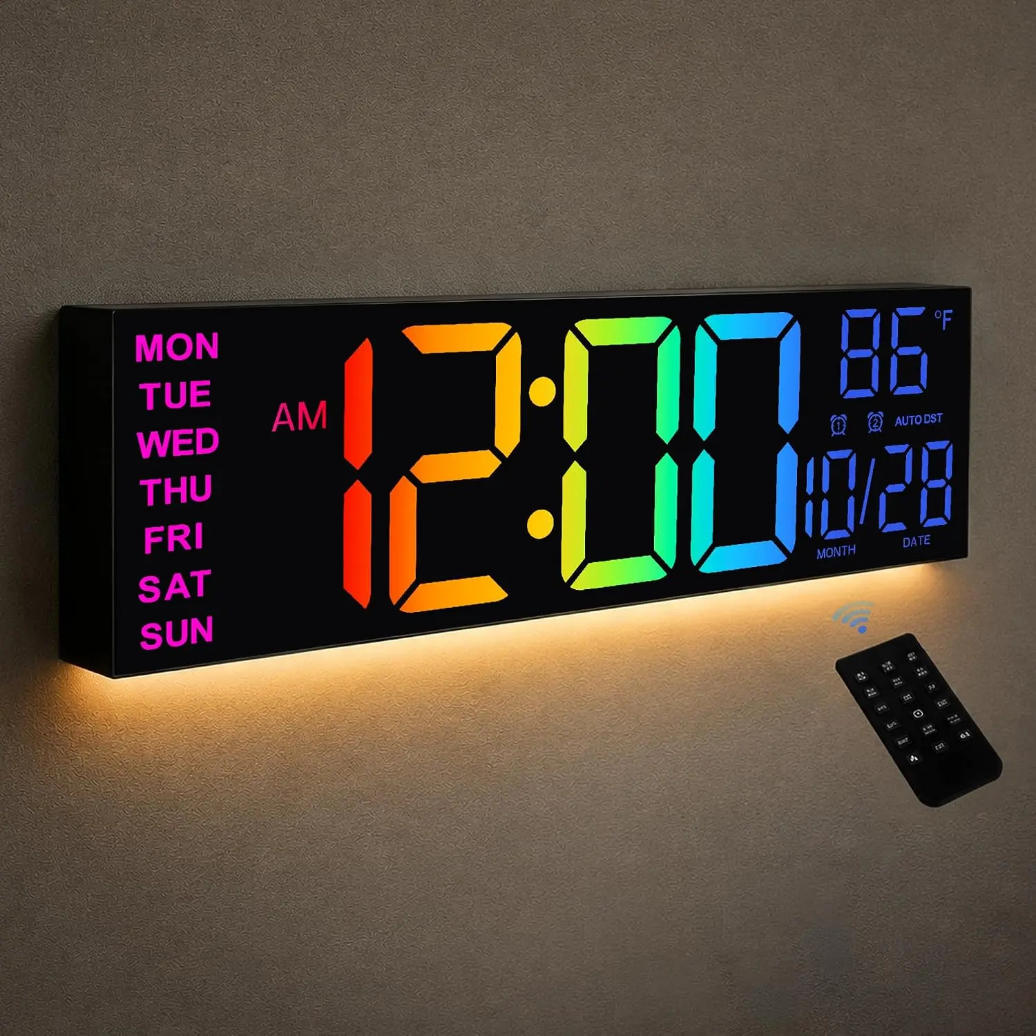 15" Black LED-Lit Wall Clock with White Frame - 4.5" Digits, 8-Color 10-Level Adjustable Night Light, Auto Dimming, Remote Control, Date, Weekday, Temperature, Household Items, Custom Large Screen Multi-Color Option, Led-Lit Wall Clocks