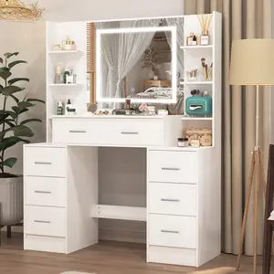 7 Drawers Vanity Makeup Table with LED Lighted and Dimmable LED Strip Mirror Dressing Table Dresser Desk US Stock