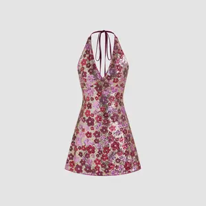 Cider [size 0-26] Sequin V-neck Floral Knotted Sleeveless Mini Dress