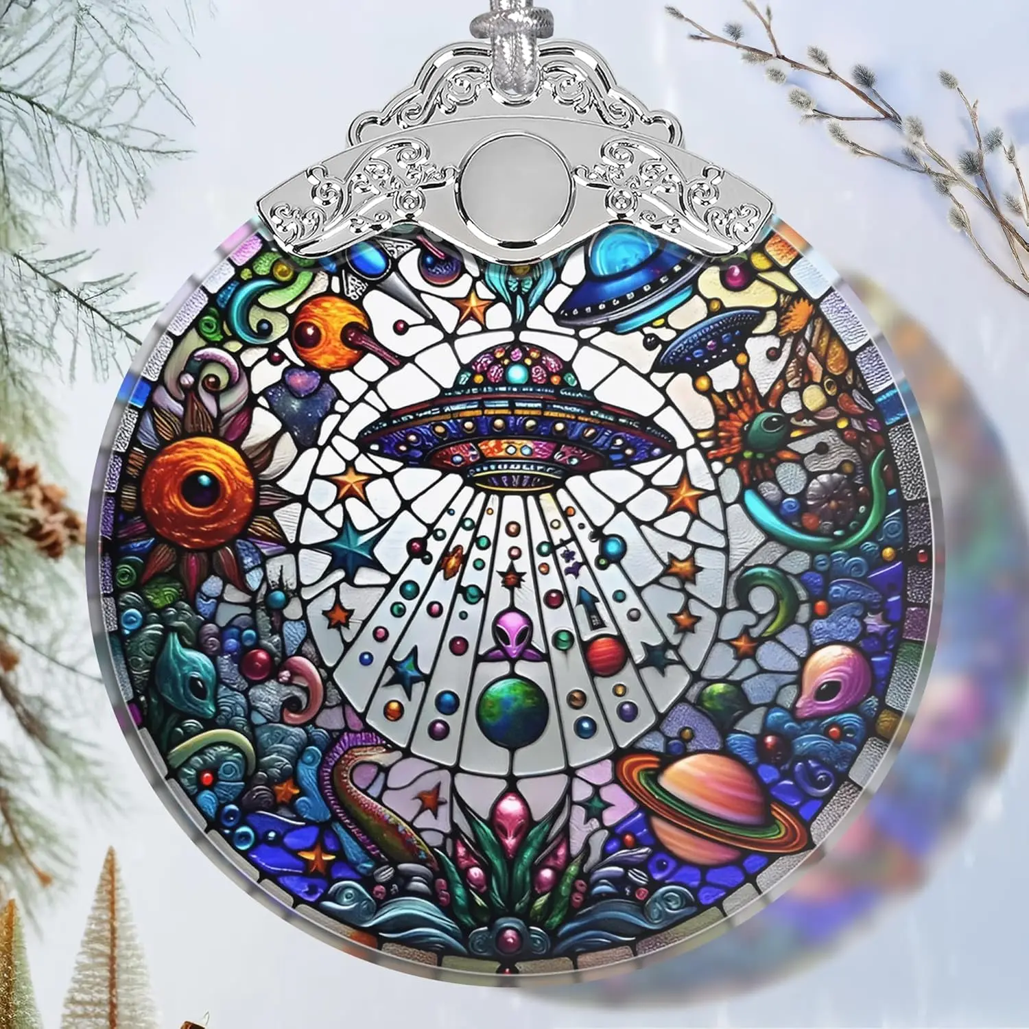 Stained Glass UFO and Alien Christmas Ornament - Holiday  Decor - Tree Decoration -  Exchange Idea