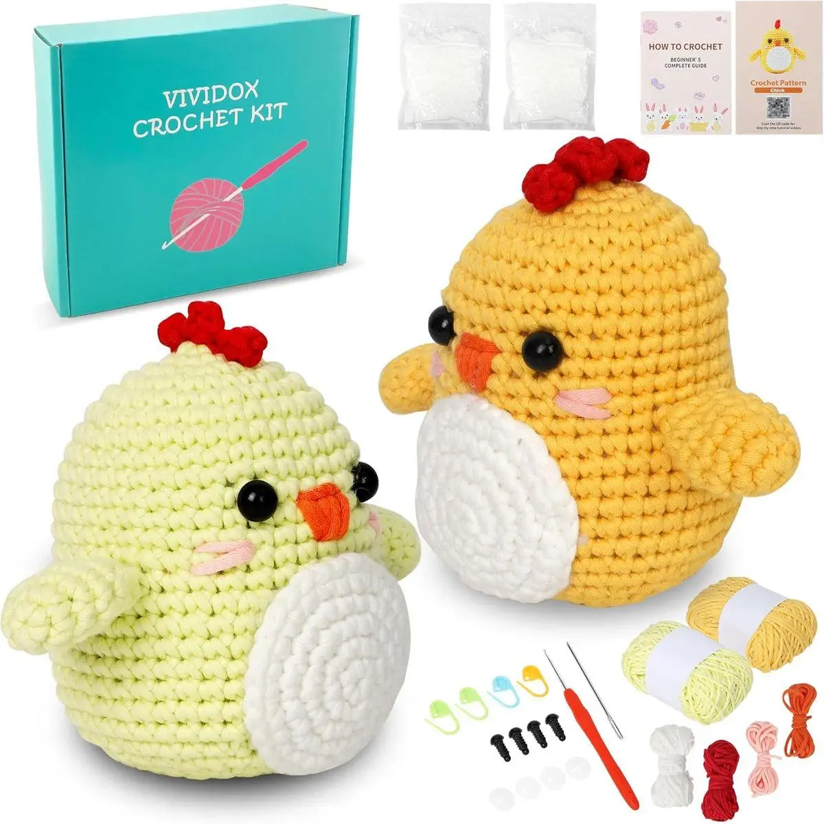 2 Pack Chick Crochet Kit for Beginners Adults Kids with Easy Yarn 3.5in Tall Animal Crocheting Starter Set with Step-by-Step Video Tutorials, DIY Knitting Kit with Complete Tools(Yellow+Green)