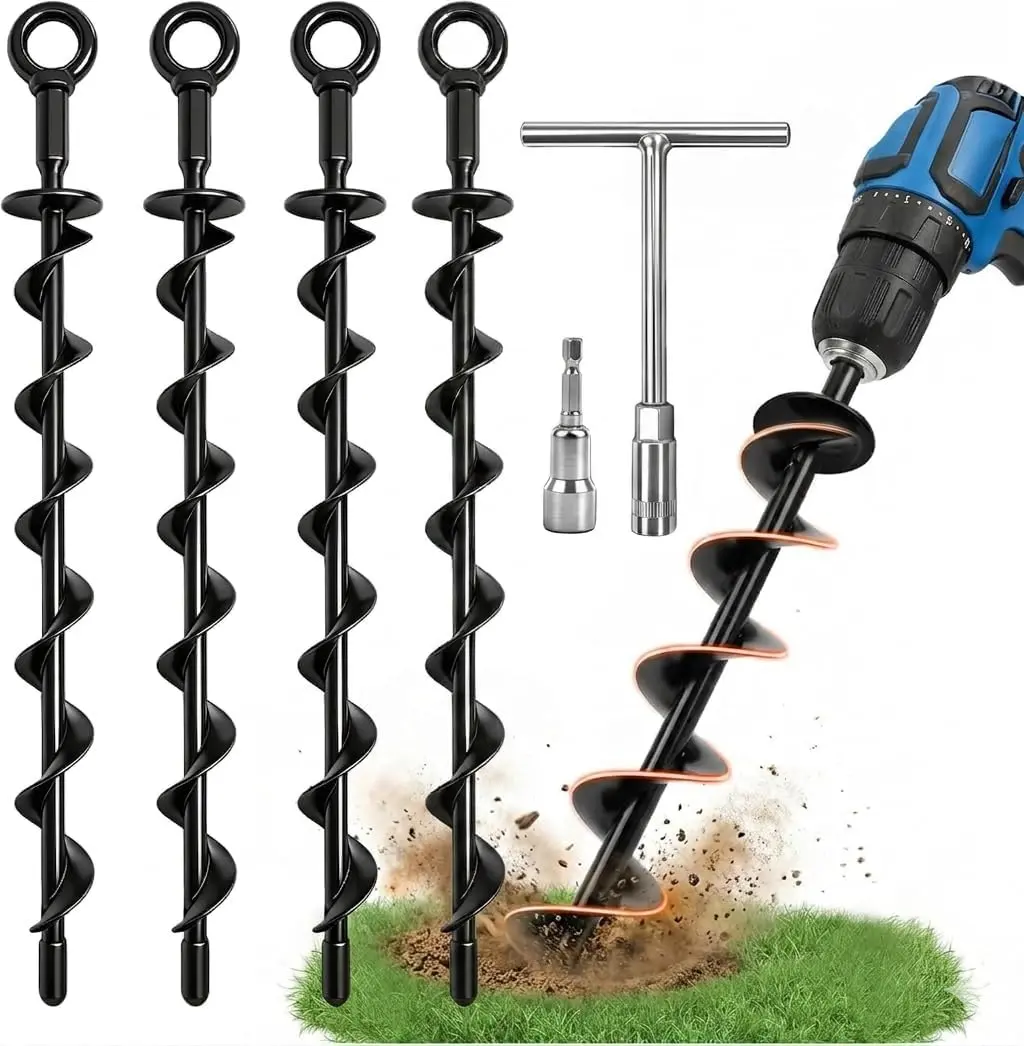 Ground Anchors Heavy Duty 4 Pack, 15 in Steel Screw-in Stakes for Hard Soil | Spiral design speeds drill setup; smooth eyelets and protective caps secure sheds, tents, swings, canopies and trampolines.