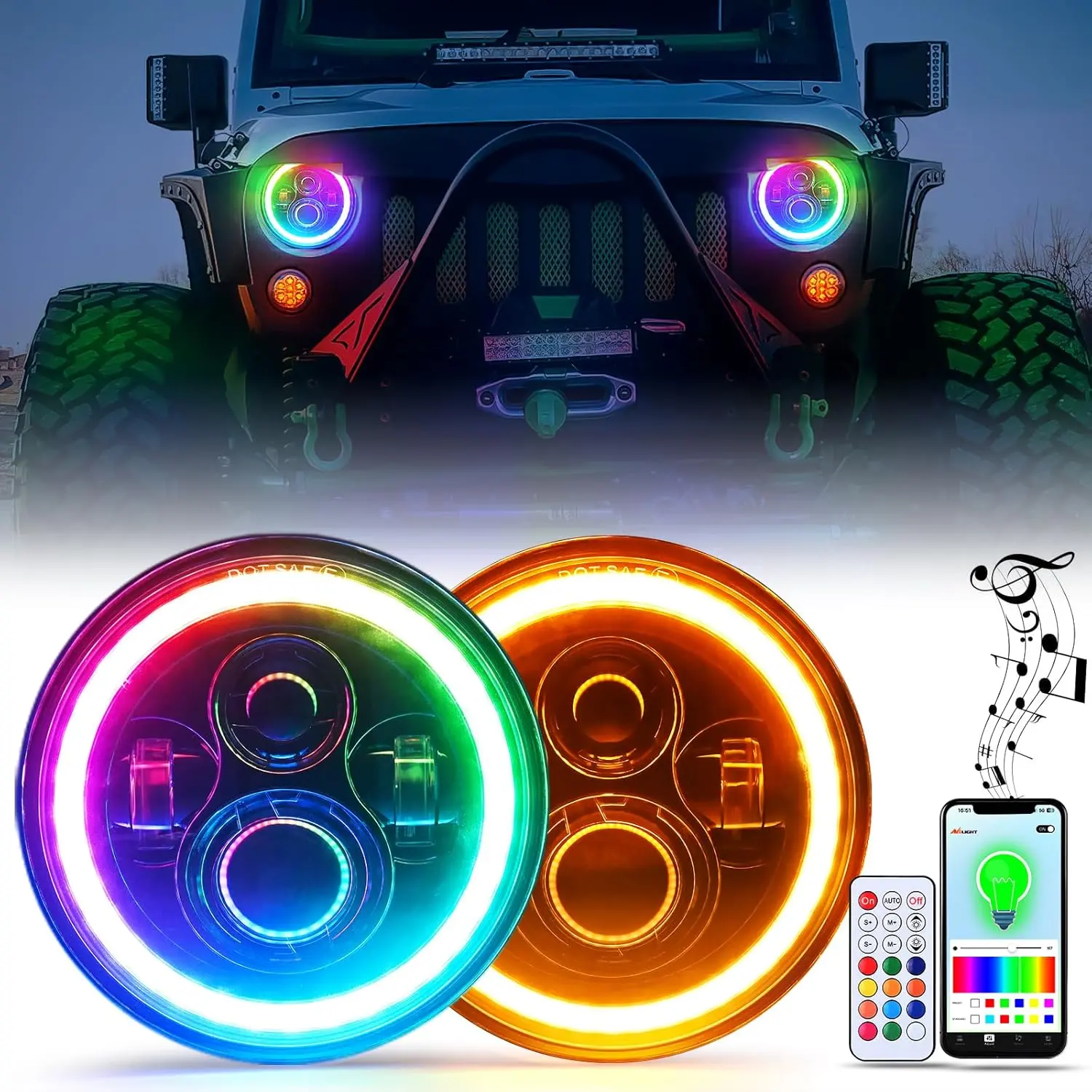 Nilight 7 Inch RGB LED Headlight w/Turn Signal Amber Light APP Remote Control High Low Beam 7” LED Headlight Compatible with 2007 2008 2009 2010 2011 2012 2013 2014 2015 2016 2017 2018 Wrangler JK JKU  dealsforyoudays, Led Headlight Bulbs, Led Blinker fat