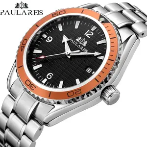 Automatic Watch for Men Mechanical Self Wind Stainless Steel Strap Simple Orange Blue Bezel Date Fashion Wristwatches