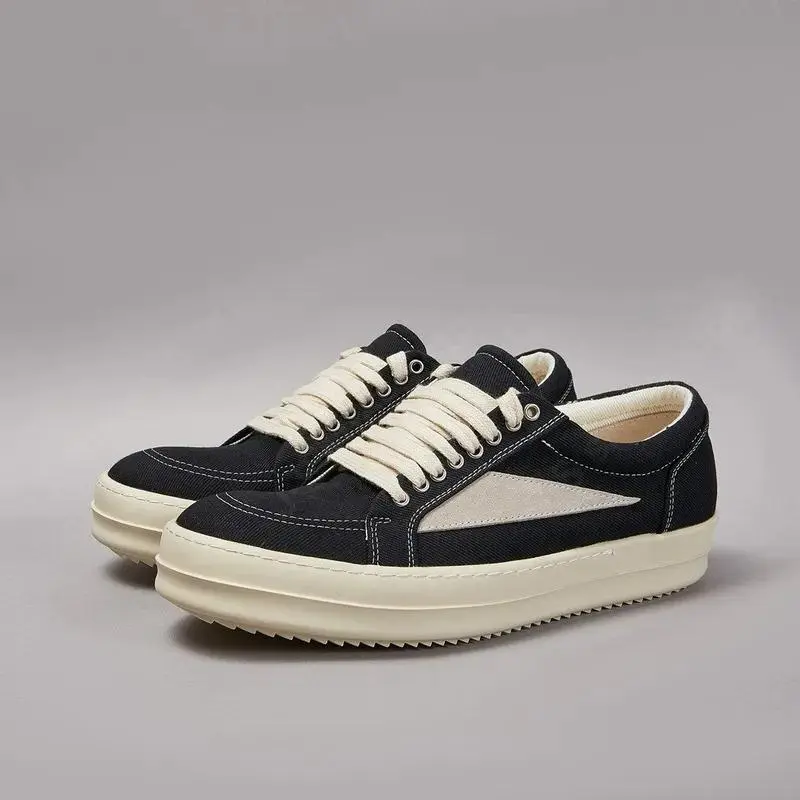 Ricks Shoes Men Twill Canvas Low Top Casual Shoes Women Sneaker Owens Shoe Men Lace Up Black Canvas Shoes Retro Flat Sneakers Footwear Closed