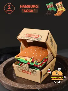2 pairs of burger socks, whimsical food-themed creative design, soft and comfortable/suitable for all seasons, casual wear for various occasions, ideal choice for birthday parties/Valentine's Day/Easter/Ramadan/party gifts, trendy socks