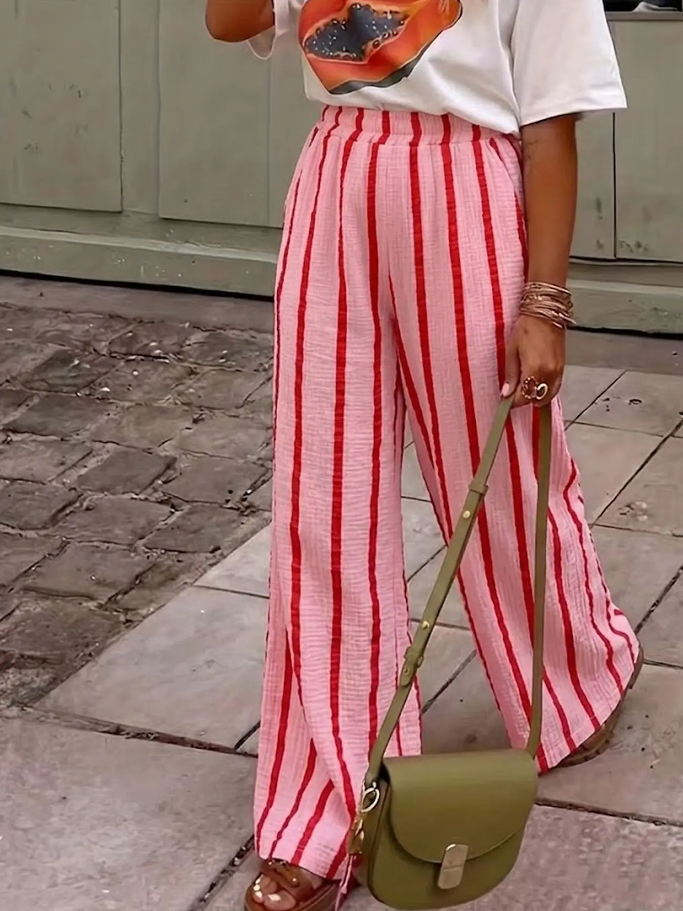 Women's Casual Loose Baggy Long Pants, Soft Comfortable Fabric with Striped Design, Loose-Fitting Drawstring Waist for All Seasons Adjustable Waist Trousers Casual Comfy Trousers