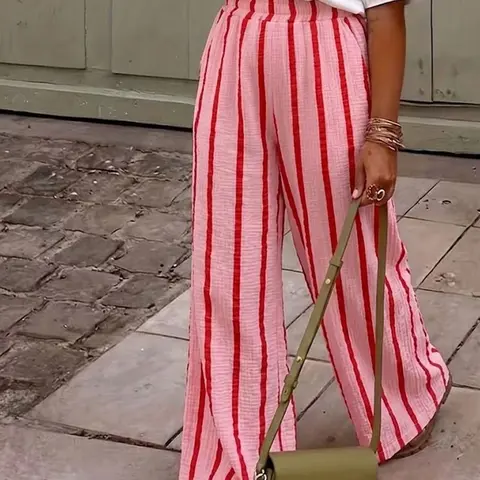 Women's Casual Loose Baggy Long Pants, Soft Comfortable Fabric with Striped Design, Loose-Fitting Drawstring Waist for All Seasons Adjustable Waist Trousers Casual Comfy Trousers