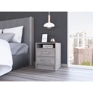 "Rowley Nightstand – 2-Drawer 1-Shelf Rectangular Bedside Table in Light Grey, Modern Wooden Nightstand for Bedroom, Guest Room, Living Room| Stylish Storage & Easy Organization"
