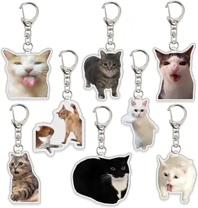 8pcs Cat Keychains, cute and funny meme design with two cats talking, durable and lightweight kawaii charms for bags, backpacks, or keys, perfect for daily use, gifts, party favors, and adding a playful touch to accessories.