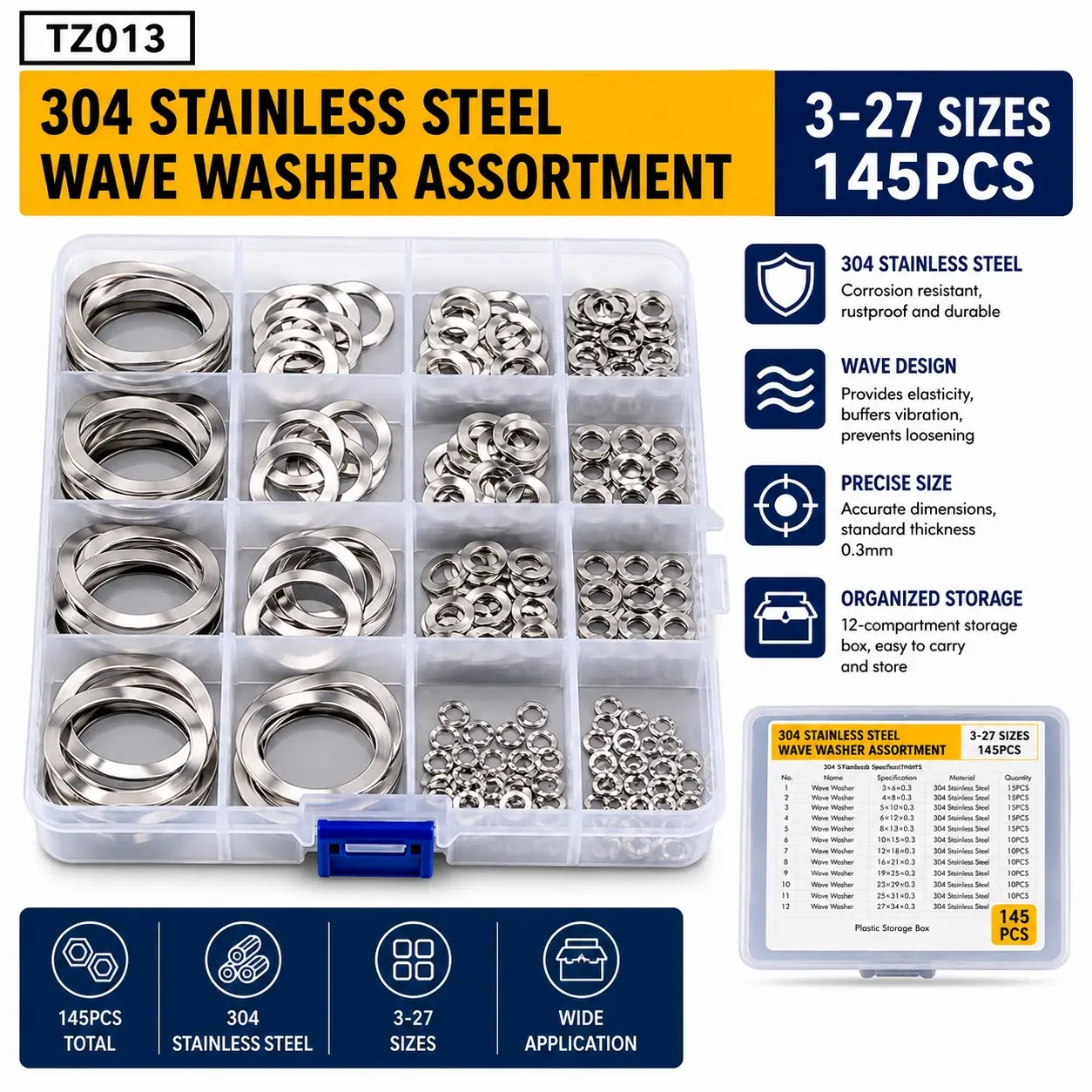 304 Stainless Steel Wave Spring Washer, Elastic Buffering, Pre-Tightening Anti-Loosening, Gap Compensation, Wear-Resistant, High Temperature Resistant, Rustproof