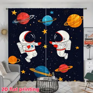 2D Flat 2Pcs Cartoon Astronaut Planet Printed Curtains for Kids Room, Outer Space Themed Window Drapes Bedroom, Living, Semi-Shading Decorative Curtain Panels with Stars & Planets Pattern, Privacy Protection, Interior Decoration Accessories