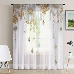 2Pcs Elegant gold and white floral curtains with crystal trim - Home Decoration Curtain, 3D digitally printed, translucent curtains for living room, bedroom or study - Machine washable polyester, rod pocket design, living room curtains