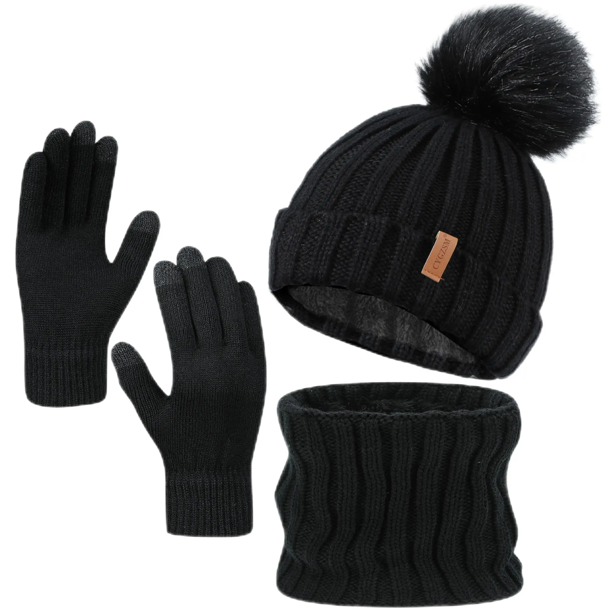 Unisex Solid 3-Piece Winter Knitted Warm Accessories Set - Fleece-Lined Pom Pom Beanie Hat, Neck Warmer Gaiter, Touch Screen Gloves for Ski, Daily Outdoor Use