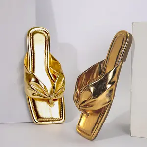 Women's Flip Flops Bow Thong Sandals Square Toe Metallic Slides for Everyday Style