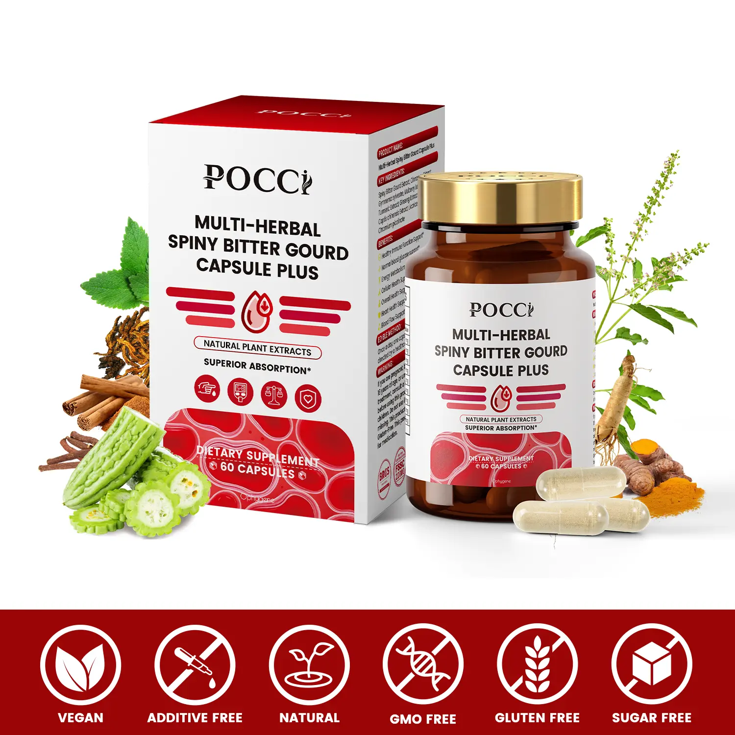 Pocci Multi-Herbal Spiny Bitter Gourd Dietary Supplement Capsules Plus - 60 Vegan Capsules, 2-Month Supply, 100g, 24-Month Shelf Life, Gluten-Free, Natural Herbs, Adult Healthy Blood Sugar Support, Ambient Storage, Not Intended to Cure