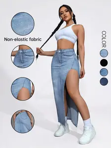 Women's Split Denim Midi Skirt, Casual Fashion Fitted Skirt, All-Season Ladies' Bottoms, Trendy Street Style, Must-Have Fashion Item