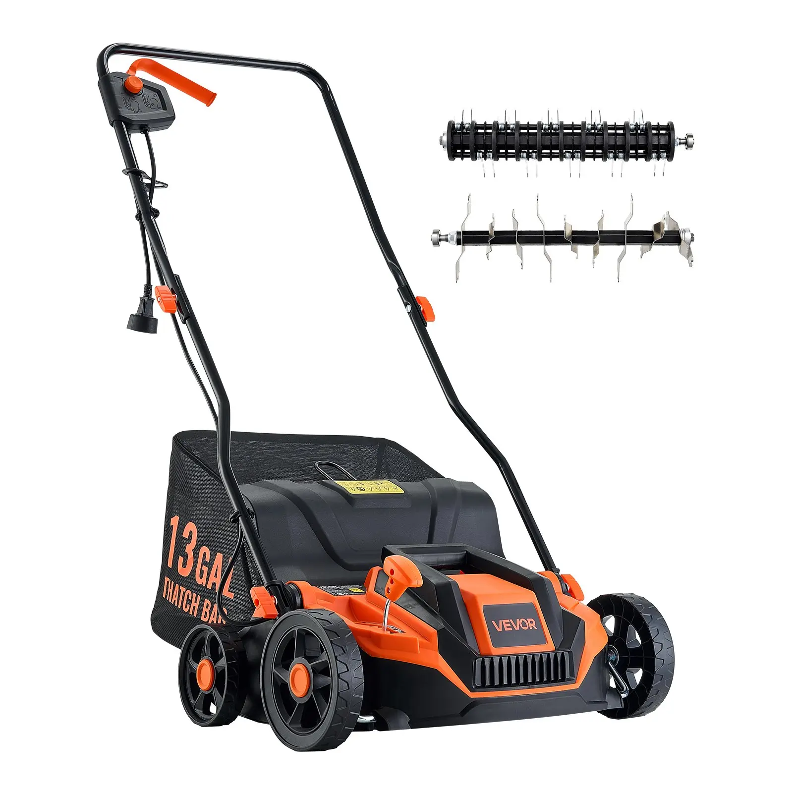 【Summerfinds】VEVOR 2-in-1 Electric Dethatcher and Scarifier, 13-Inch 13 Amp, Corded Lawn Dethatcher with 13-Gallon Thatch Collection Bag, 5-Position Depth Adjustment, Walk Behind Machine for Garden Yard Grass
