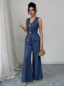 Elegant V Neck Camisole and Wide Leg Pants Set for Women, Casual Solid Color Office Wear, Fitted Sleeveless Top and Long Pants, Outfit