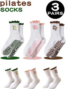 3 Pairs Women's Pilates Grip Socks, Yoga Sports Socks, Ideal for Pilates, Ballet, Exercise, Cute Embroidered Patterns, Elegant Style