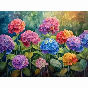 Vibrant Multicolor Hydrangea Flower Bush Watercolor Style Lush Floral Background 5D Full Drill Round & Square Diamond Painting Kit Diy Craft Supplies Beautiful Blossom Nature Art DIY Cross Stitch Living Room Bedroom Home Wall Handmade Decor