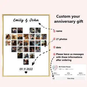 Personalized Heart-Shaped Collage Photo Frame Custom Canvas Print Wall Artwork Decor for Anniversary Romantic Decorations, Customized Unique Keepsake With 30 Photos, Christmas Gift for Love
