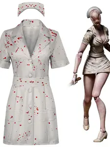 Silent Hill 2 Re Female Nurse Cosplay Dress, Horror Zombie Nurse Role Play Costume, Ditsy Floral Pattern, All Seasons Wear, Halloween
