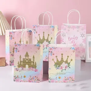 Pastel Floral Castle Crown Paper Bags, Princess Themed Party Favor Bags, Baby Shower Birthday Gifts, Cute & Unique Design