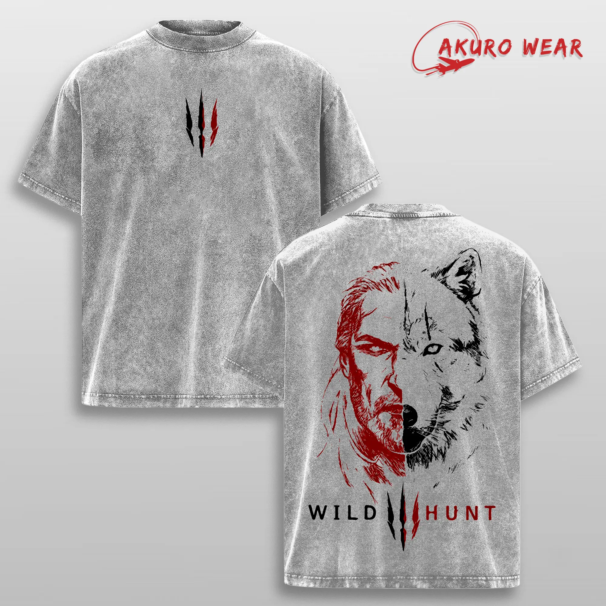 The Witcher 3 Wild Hunt Vintage Washed Oversized Graphic Tee Heavyweight Cotton Gaming Streetwear Double Sided Retro Gamer Shirt
