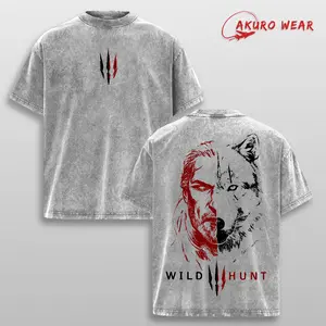 The Witcher 3 Wild Hunt Vintage Washed Oversized Graphic Tee Heavyweight Cotton Gaming Streetwear Double Sided Retro Gamer Shirt