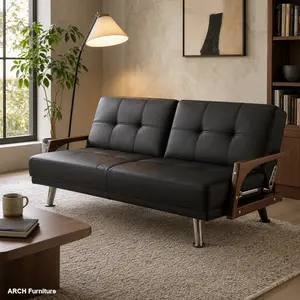 2-Seat Futon Sleeper Sofa Bed - Modern Upholstered Recliner Sofa, Living Room Multi-Use Indoor Furniture, Arch Wood Frame, Stainless Steel Legs, Black PVC Cover, Quick Setup Single Bed, Modern Upholstered Sofa
