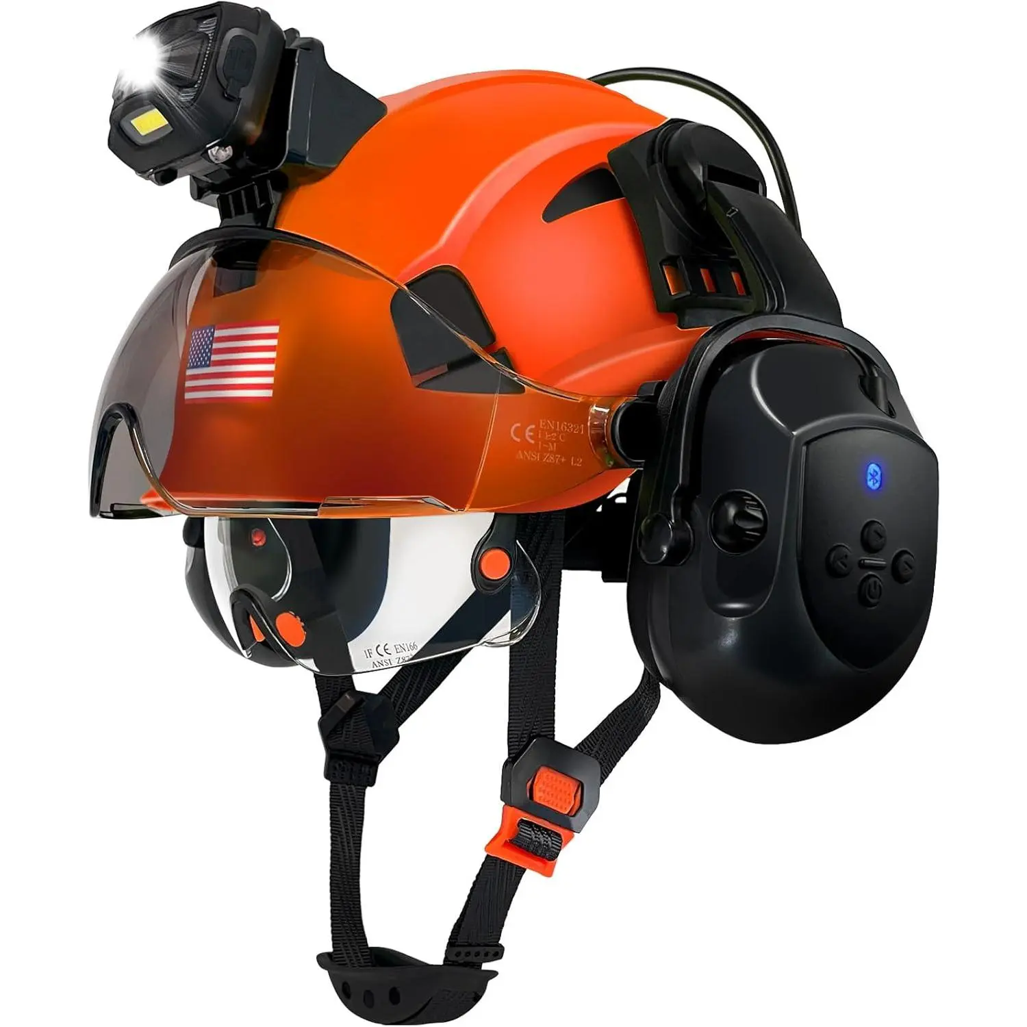 Vented Safety Helmet for Forestry with Built-in Headlamp, Bluetooth Ear Muffs for Hearing Protection, and Integrated Polycarbonate Visor, Integrated Visor