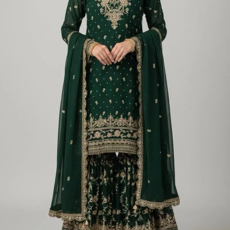 Elegant Green Wedding Dress with Intricate Embroidery and Matching Dupatta for Special Occasions with Small Pouch