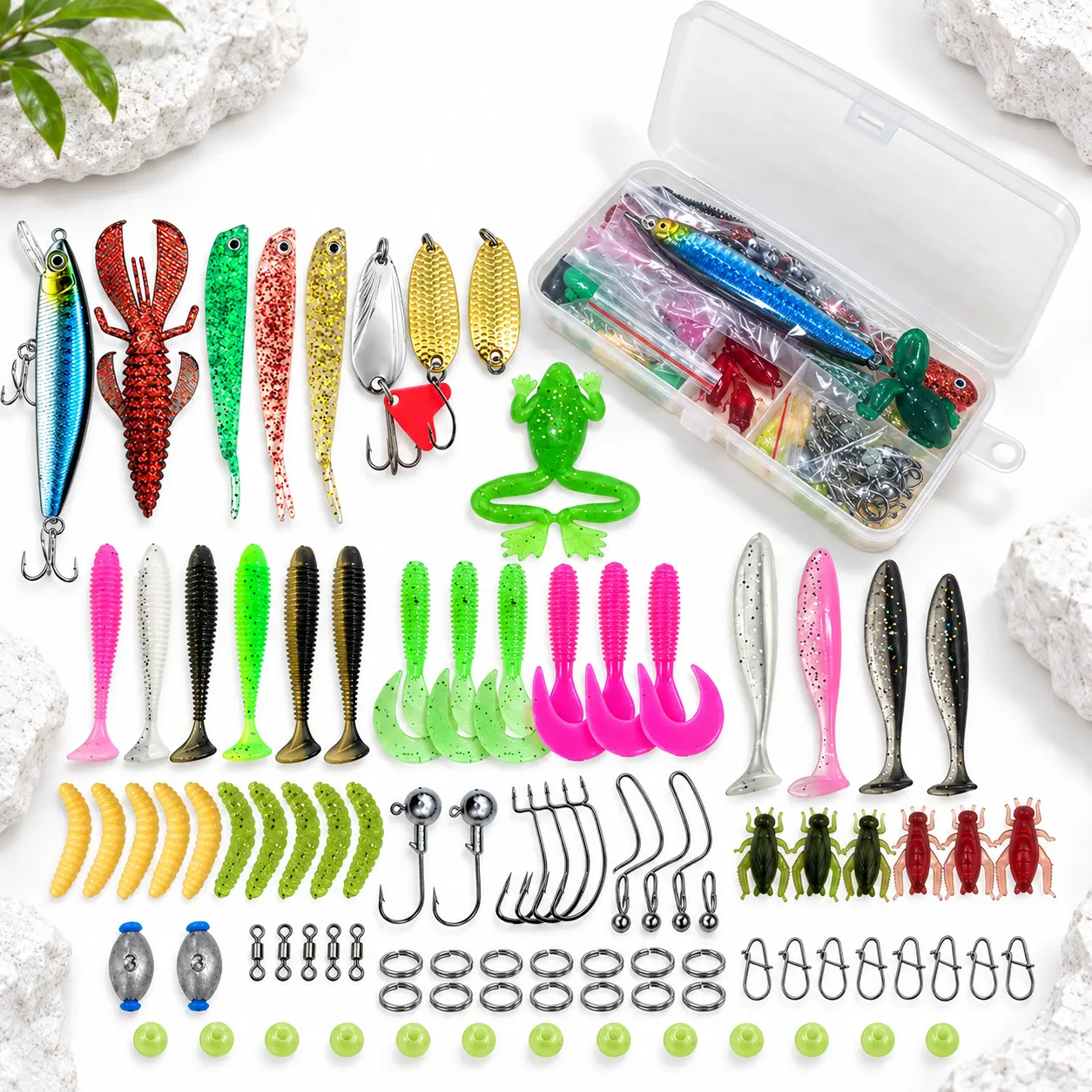 83pcs Fishing Tackle Kit, Freshwater Fishing Starter Set with Spinner Lures, Crankbaits, Minnow Lures, Poppers, Soft Baits, Hooks, Sinkers & Tackle Box, Portable Fishing Gear