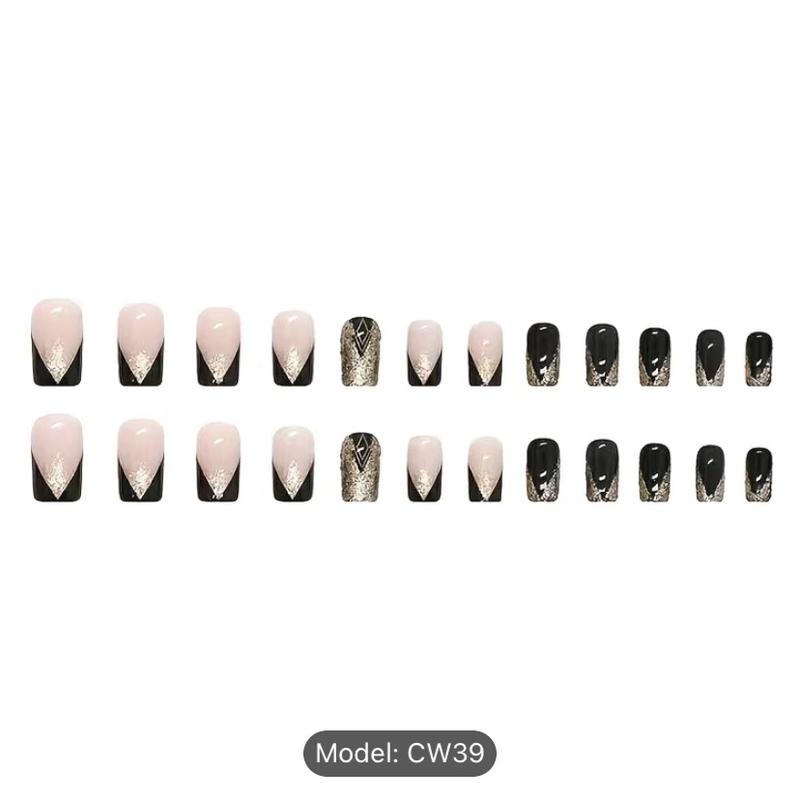 24pcs Short Square Shape Press On Nails, Fake Nail With Golden Glitter Powder Decor,  Golden Black Fake Nails,  Glossy  Acrylic Full Cover Nails For Women And Girls Nail Art Nail Care Nail Polish Polish Coverage Cutics Cosmetic Manicure