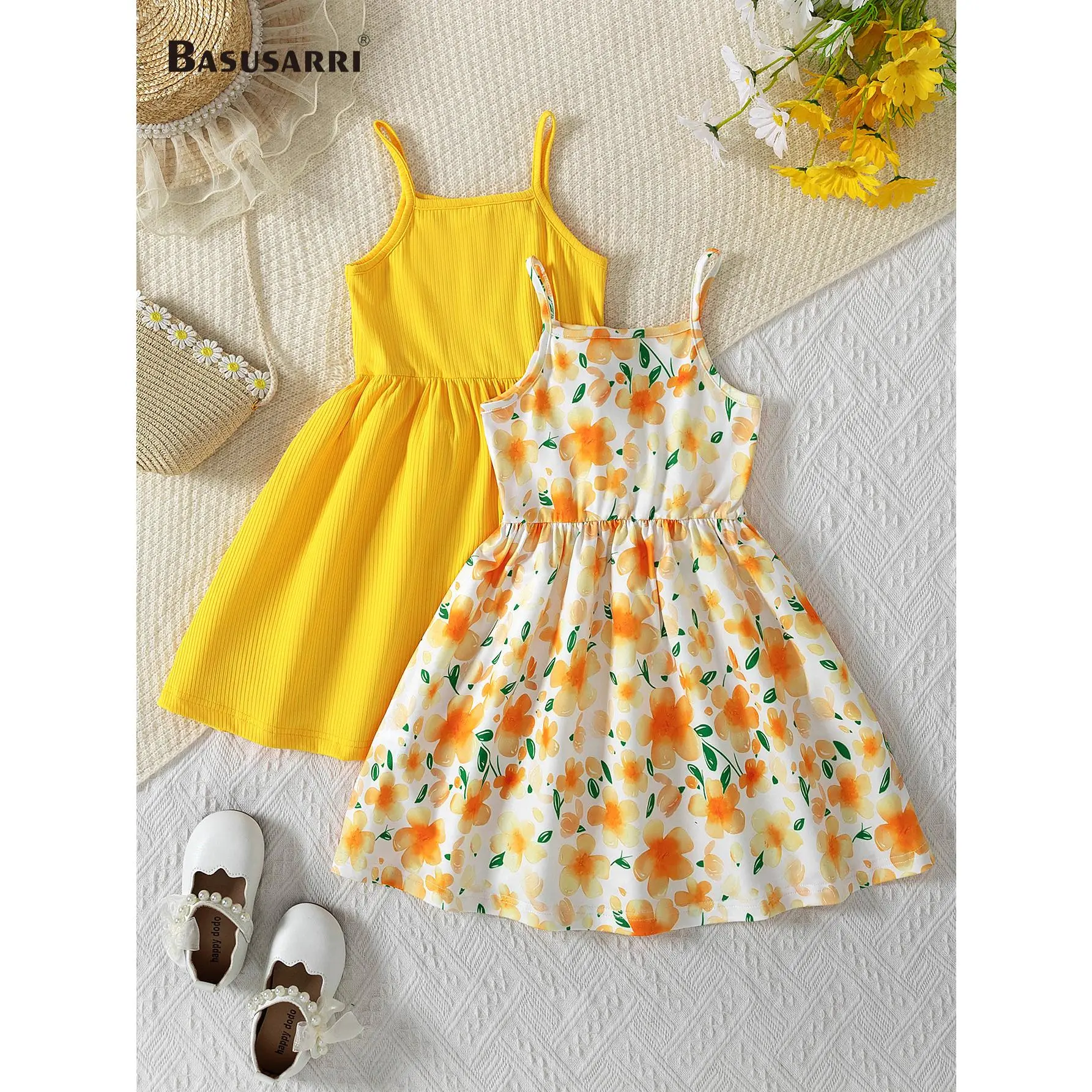 Cutest Duo Alert! Girls' 2-Piece Dress Set: Trendy Yellow Ruffle-Strap Ribbed Dress with Buttons Cutest Duo Alert! Girls' 2-Piece Dress Set: Trendy Yellow Ruffle-Strap Ribbed Dress with Buttons