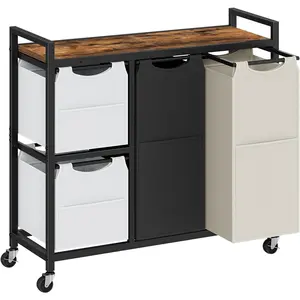 Laundry Sorter with 4 Section, 39 Gal.(147 L) Laundry Hamper with Wheels, Rolling Laundry Basket with Shelf, Pull-Out Detachable Bags, Side Pockets, Rustic Brown, Black and Beige BFE14XY01N1