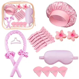 Sleep Curl Big Waves! 18-Piece Set with Clips Pure Color Lazy Hair Roller No Heat Styling + Large Hair Ties + Wristband + Powder Puff