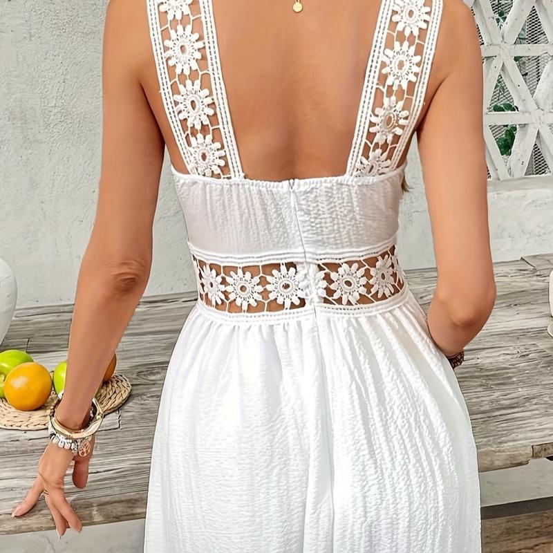 White Embroidered Maxi Dress with Belted Waist for Women