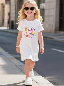 Daddy's Little Angel Colorful Letter Print Girls T‑Shirt Dress, Cute Heart Star Graphic Short Sleeve Casual Dress, Toddler Kids Summer Loose Outfit