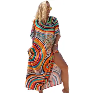 Plus Size Mumu Dresses for Women - Boho Batwing Sleeve Caftan with Side Slits, Long Moo Moo Nightgown & Beach Cover Up - Rainbow Circle - A1