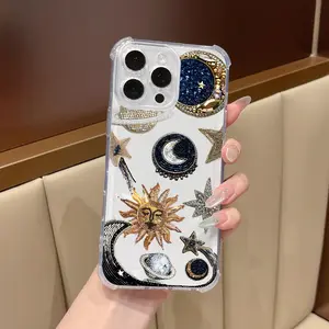 Transparent Square Corner Anti-Drop Phone Case with Sun and Moon Star Pattern, Compatible with iPhone 11/12/13/14 Pro Max/15 Pro/16 Plus, Durable Soft Shell Protection