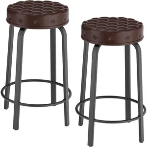 Bar Stool Set of 2, 24 Inch Counter Height PU Leather Bar Stool Set, Stackable Backless Round Upholstered Stool Chairs for Kitchen , Dining Room and Coffee Shop, Brown